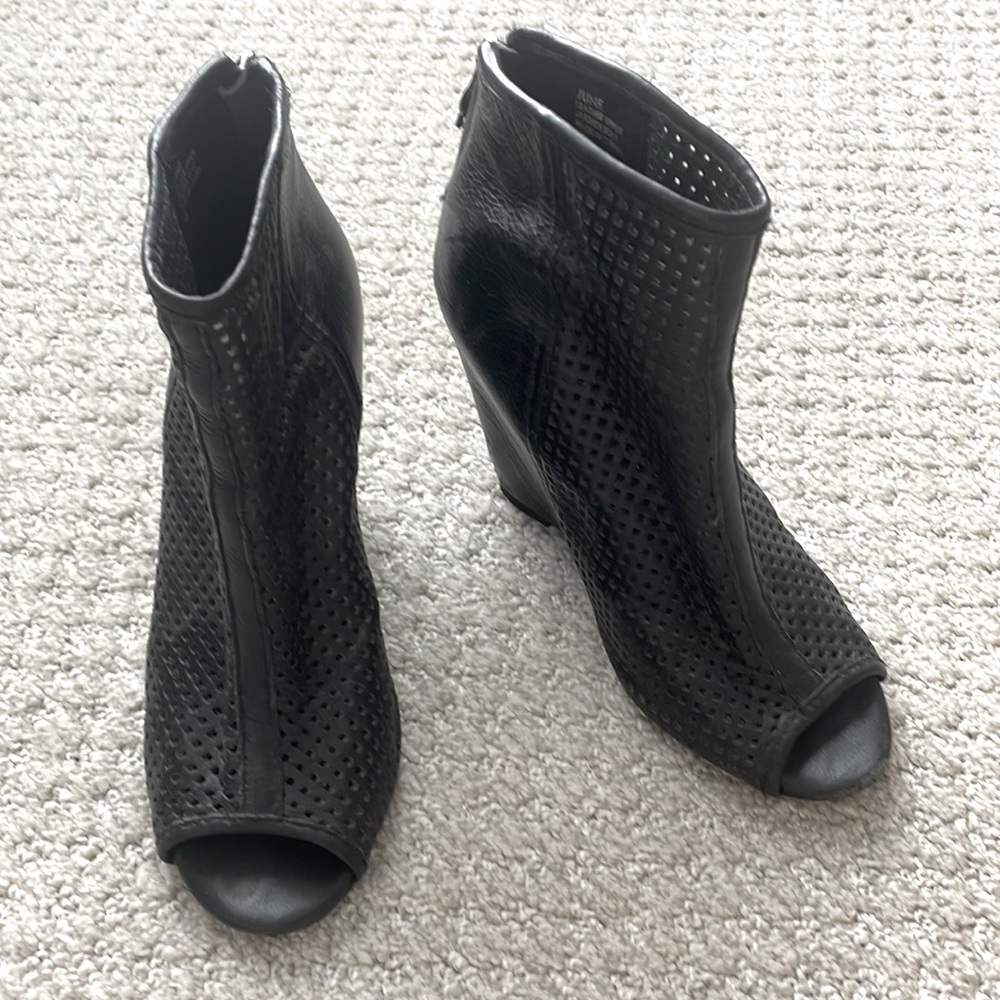 Black leather ash perforated wedge bootie